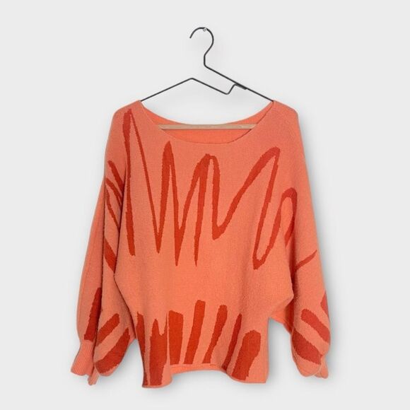 Women's Orange Abstract Patterned Sz L Crew Neck Lantern Balloon Sleeve Sweater - Picture 4 of 12